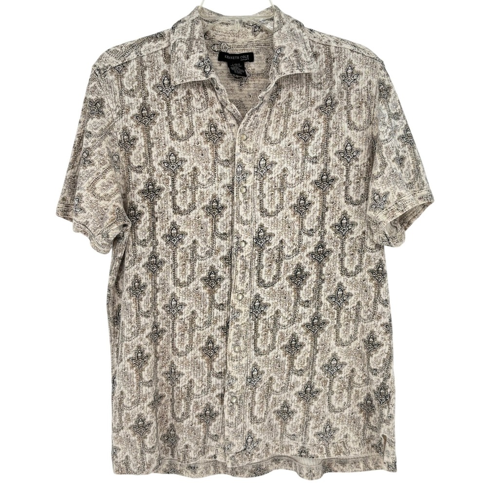 Kenneth Cole New York Tan Paisley Snap Button Down Shirt Womens L Boho Chic